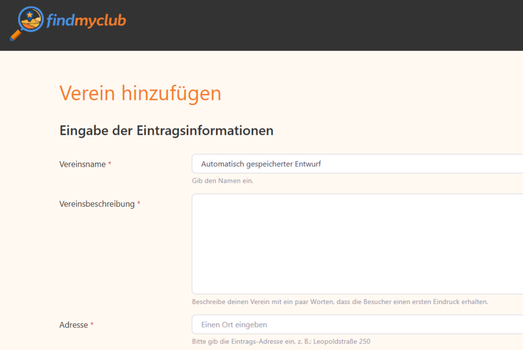 Thema Verein eintragen